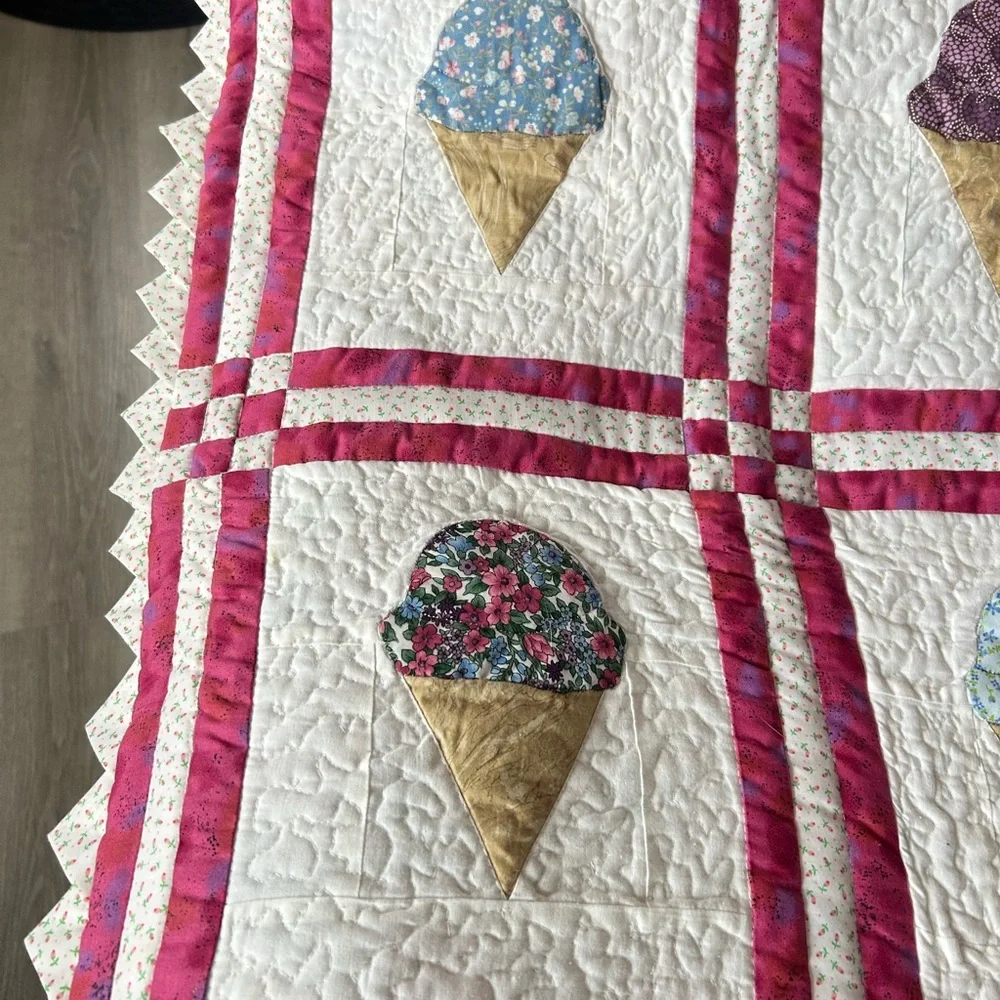 Handmade Ice Cream Cone Quilt - White with Pink Trim